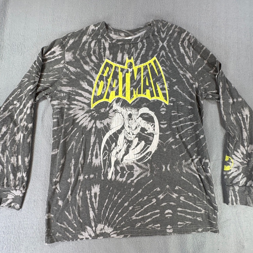 Batman DC Comics Grey Tie Dye Long Sleeve Graphic T-Shirt Mens Medium Mad Engine